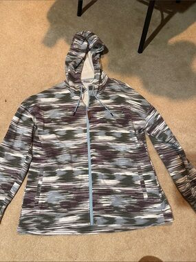 Alpine Design Striped Zip Hoodie in Gray, White & Mauve